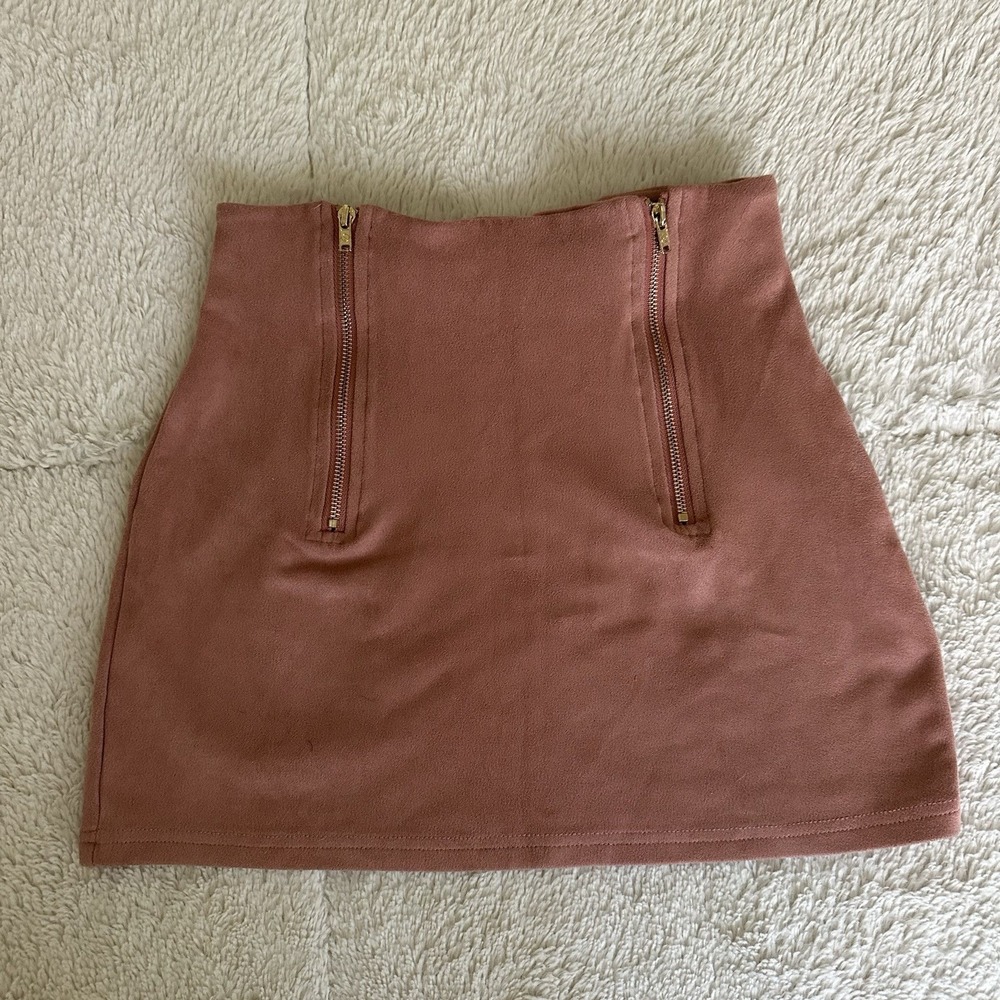 Faux Suede Mini Skirt Dusty Rose Double‎ Zipper XS